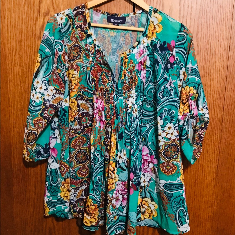 Roaman's Size 14W Floral Print Women's Top - Green and Multicolor Tunic Blouse
